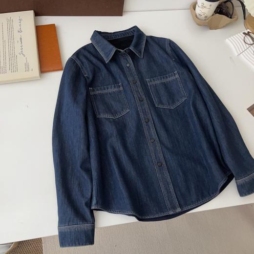 丁摩 【主推款】经典两色加绒牛仔衬衫女冬韩版宽松单排扣翻领保暖内搭5ZF-12225 商品图1