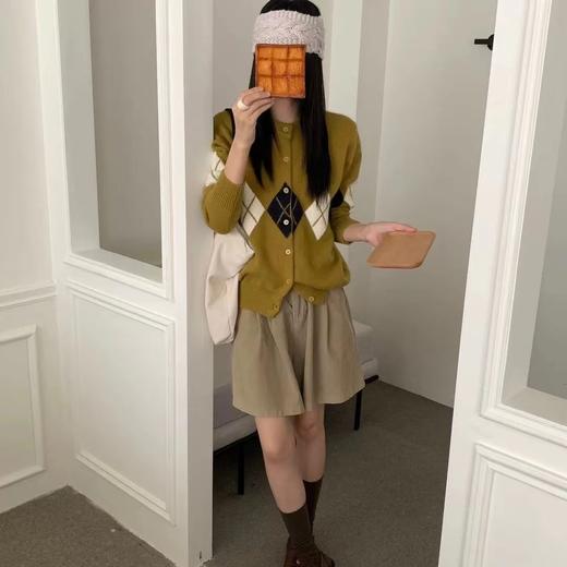 D122120撞色菱格长袖针织开衫上衣女秋冬慵懒软糯百搭毛衣外套 商品图7