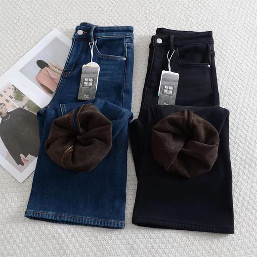 D122123时髦腿精加厚加绒保暖微喇裤女冬季复古显瘦柔软弹力喇叭牛仔长裤 商品图0