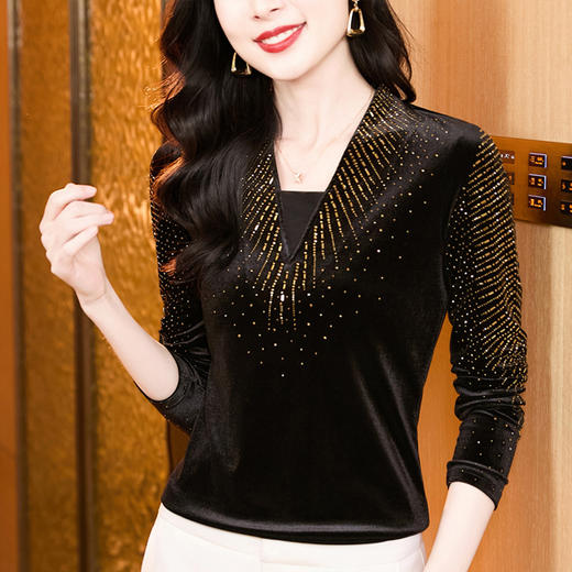 KQL E37M2980洋气百搭V领丝绒长袖烫钻打底衫小衫修身显瘦T恤 商品图0