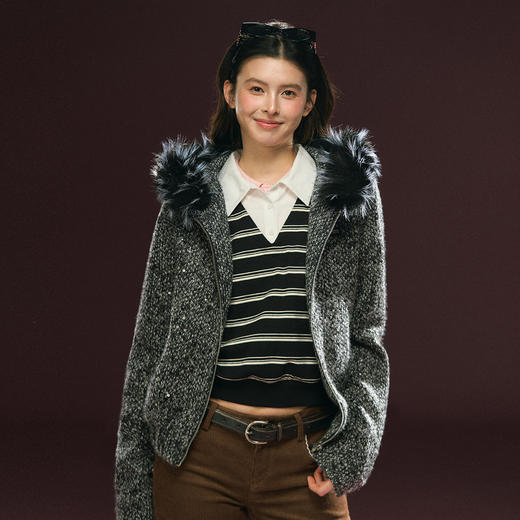 Ariseism 美式复古设计感连帽可拆卸毛领连帽外套女冬季新款 商品图2