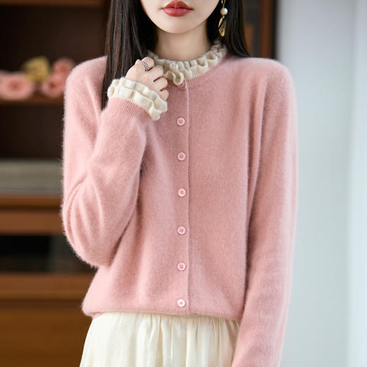 丁摩 法式撞色木耳边领100%纯羊毛衫女假两件针织上衣女秋冬打底毛衣5ZF-2515 商品图0