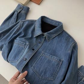 丁摩 【主推款】经典两色加绒牛仔衬衫女冬韩版宽松单排扣翻领保暖内搭5ZF-12225