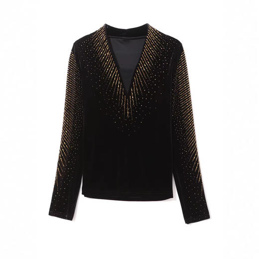 KQL E37M2980洋气百搭V领丝绒长袖烫钻打底衫小衫修身显瘦T恤 商品图1