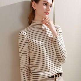 I5D3111-LY条纹针织打底衫女2025新款女装减龄木耳边半高领套头毛衣内搭上衣