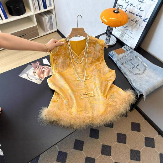 丁摩 新中式驼鸟毛国风提花马甲外套秋季新款时尚绝美开衫上衣5ZF-3336 商品图0