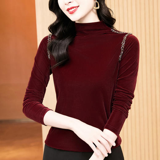 KQL E37M2981洋气百搭高领丝绒钉珠长袖打底衫大码T恤小衫 商品图3