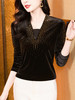 KQL E37M2980洋气百搭V领丝绒长袖烫钻打底衫小衫修身显瘦T恤 商品缩略图4
