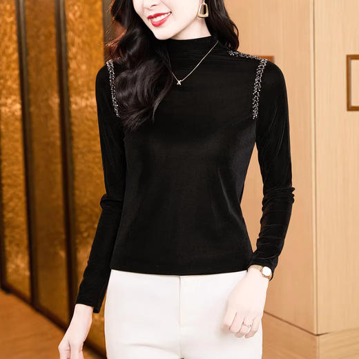 KQL E37M2981洋气百搭高领丝绒钉珠长袖打底衫大码T恤小衫 商品图1