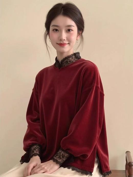 2025秋冬新款中式国风绝美宽松显瘦休闲红色蕾丝花边立领上衣 商品图0