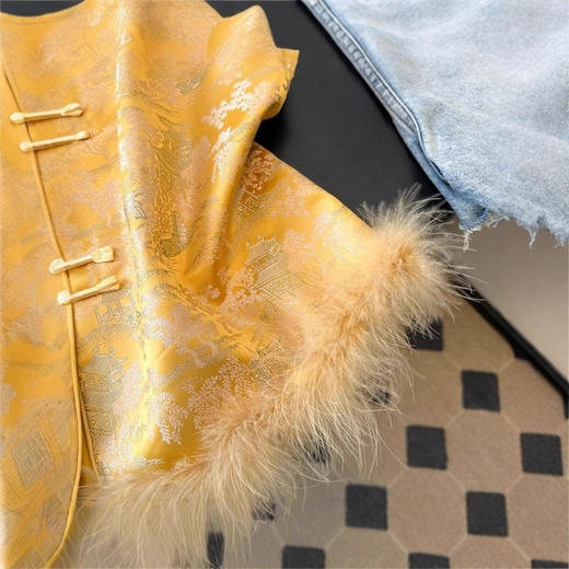 丁摩 新中式驼鸟毛国风提花马甲外套秋季新款时尚绝美开衫上衣5ZF-3336 商品图4