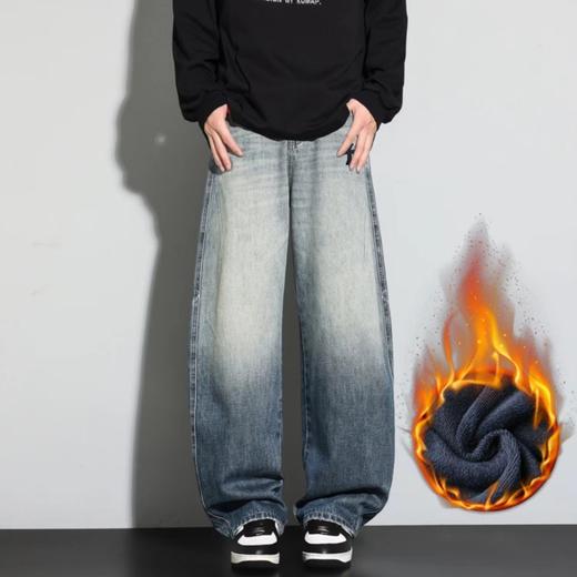 D122107冬季新款加绒腰口抽绳设计宽松时尚休闲牛仔裤 商品图1