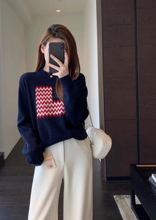 D122121美式氛围感波浪纹爱心图案圆领百搭毛衣 商品图9