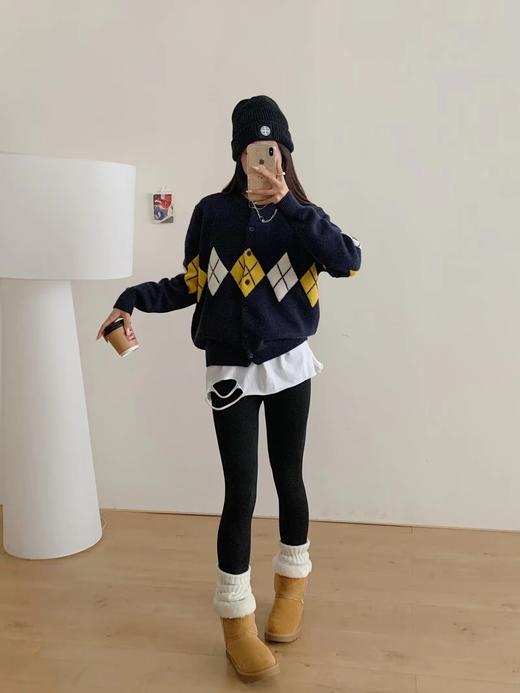 D122120撞色菱格长袖针织开衫上衣女秋冬慵懒软糯百搭毛衣外套 商品图10