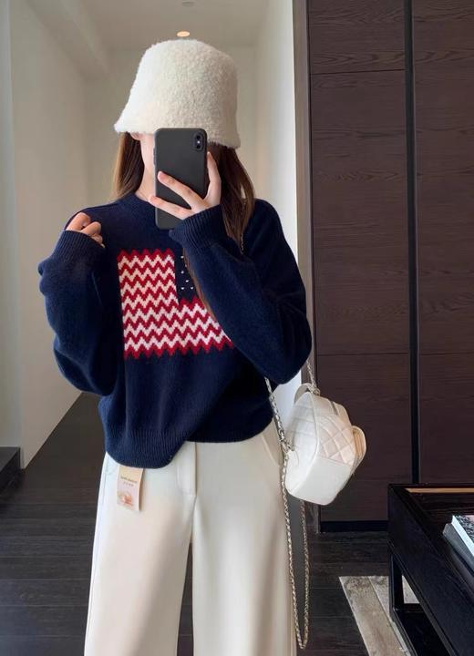 D122121美式氛围感波浪纹爱心图案圆领百搭毛衣 商品图11