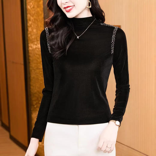 KQL E37M2981洋气百搭高领丝绒钉珠长袖打底衫大码T恤小衫 商品图4