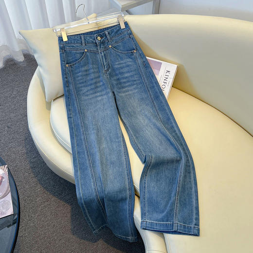 丁摩 丹宁蓝阔腿牛仔裤女秋冬加绒高腰宽松显瘦九分直筒裤5ZF-22029 商品图2