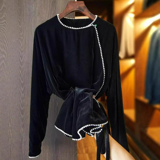 丁摩 黑色仿真丝绒衬衣女秋装新款中式改良唐装女士长袖上衣5ZF-0146 商品图2