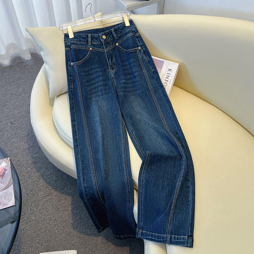 丁摩 丹宁蓝阔腿牛仔裤女秋冬加绒高腰宽松显瘦九分直筒裤5ZF-22029 商品图1