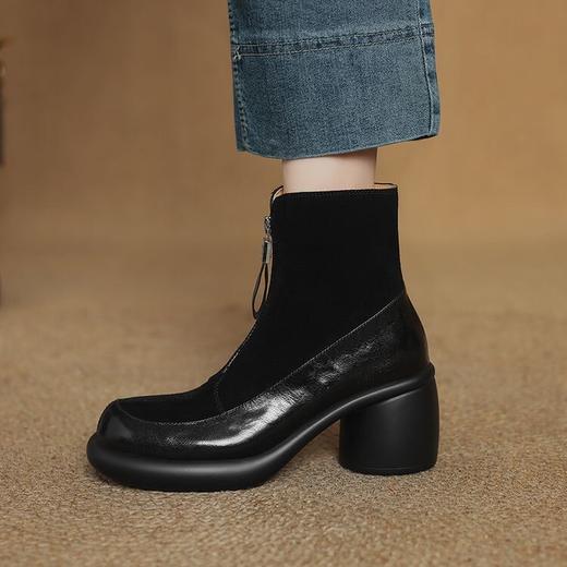 【预售5天】超轻超软加厚毛毛雪地靴秋冬季厚底牛翻皮绒面拼接粗高跟前拉链保暖短靴女ZYY&A1056-1 商品图2