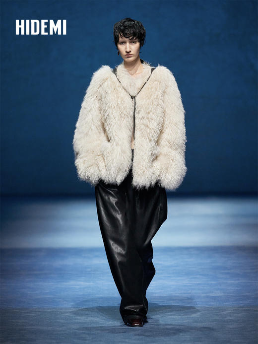 HIDEMI 可再生蛋白皮复古做旧感茧型皮裤羊腿裤松紧腰宽松长裤女 商品图1