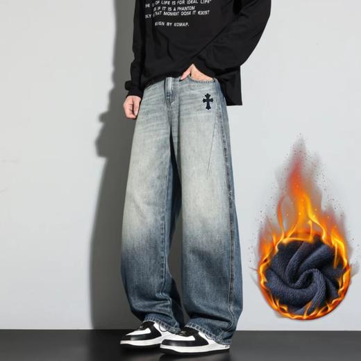 D122107冬季新款加绒腰口抽绳设计宽松时尚休闲牛仔裤 商品图3