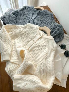 D122125复古时尚百搭圆领绞花单排扣纯色针织开衫外套