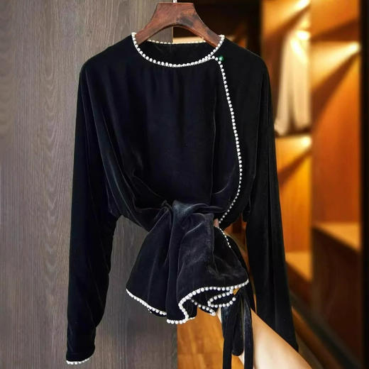 丁摩 黑色仿真丝绒衬衣女秋装新款中式改良唐装女士长袖上衣5ZF-0146 商品图4