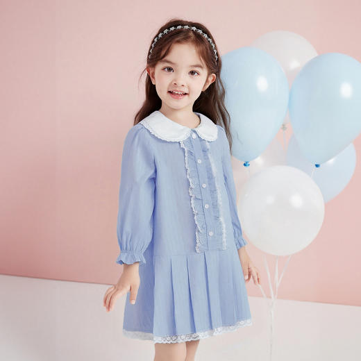 笛莎Deesha 童装女童连衣裙2026春新款甜美娃娃领式条纹长袖连衣裙 商品图1