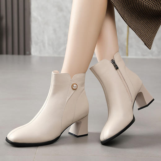 丁摩 粗跟圆头真皮短靴中跟冬季加绒大码鞋女软底踝靴春秋单靴5ZF-3113 商品图2