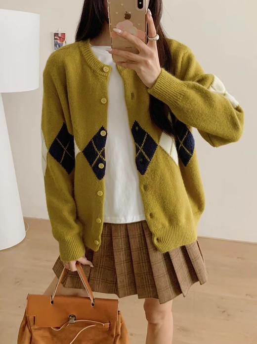 D122120撞色菱格长袖针织开衫上衣女秋冬慵懒软糯百搭毛衣外套 商品图8