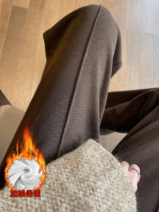 新款羊毛阔腿裤 女秋冬季直筒裤 2025高腰休闲垂感窄版加绒直筒裤 人字纹毛呢裤 商品图0