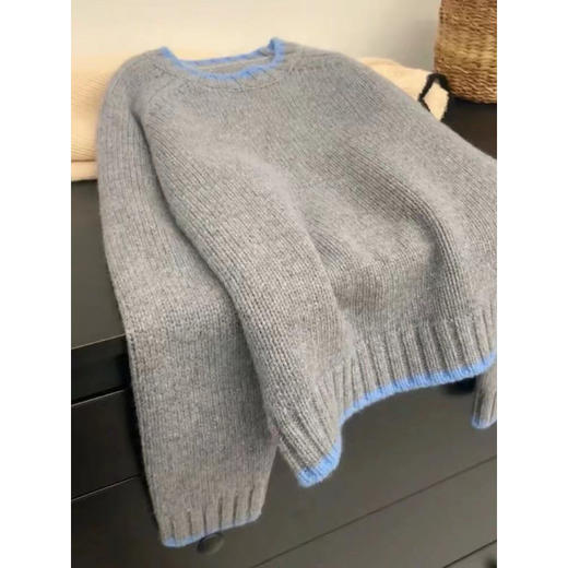 丁摩 秋冬新款加厚舒适软糯100%纯羊毛套头衫拼色圆领女士短款针织毛衣5ZF-8690 商品图2