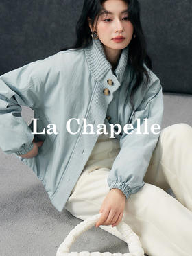 天猫同步【90鸭绒！敲温柔】拉夏贝尔/La Chapelle立领排扣针织拼接设计感短款羽绒服保暖外套