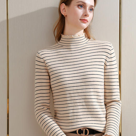 I5D3111-LY条纹针织打底衫女2025新款女装减龄木耳边半高领套头毛衣内搭上衣 商品图2