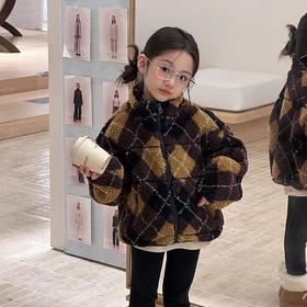 艾摩贝贝儿童复古立领夹克棉衣2025冬女童时髦实穿菱形格棉服外套
