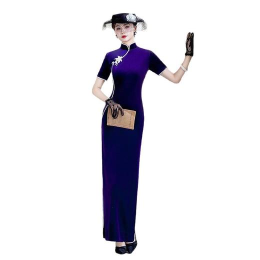 金丝绒旗袍2025年秋冬新款紫色长袖中老年高端气质舞台走秀演出服 商品图4