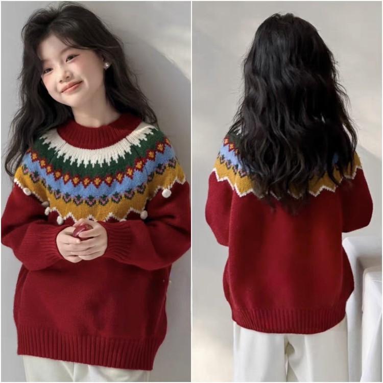 二店y 【喜慕2601】双旦压轴款， 费尔岛复古雪花提花红毛衣