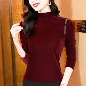 KQL E37M2981洋气百搭高领丝绒钉珠长袖打底衫大码T恤小衫