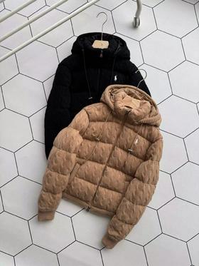 D122149老钱风织针拼接羊毛蓬松连帽羽绒服