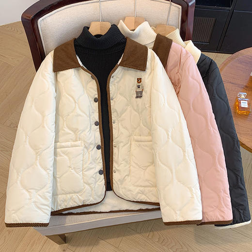 丁摩 翻领加绒棉服女冬季新款休闲撞色慵懒风保暖棉袄外套5ZF-2806V 商品图2