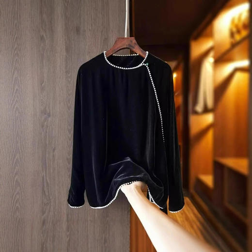 丁摩 黑色仿真丝绒衬衣女秋装新款中式改良唐装女士长袖上衣5ZF-0146 商品图0