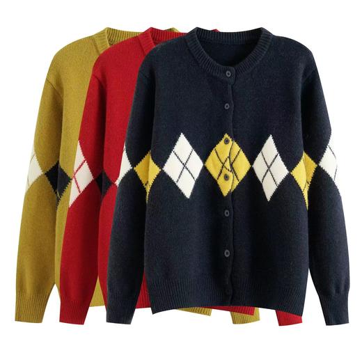 D122120撞色菱格长袖针织开衫上衣女秋冬慵懒软糯百搭毛衣外套 商品图0