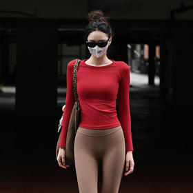 Beemen新款秋冬瑜伽服女 侧腰3D修身纹理更有型 长袖圆领健身衣 跑步普拉提训练舒适上衣