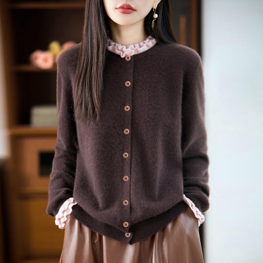 丁摩 法式撞色木耳边领100%纯羊毛衫女假两件针织上衣女秋冬打底毛衣5ZF-2515 商品图2