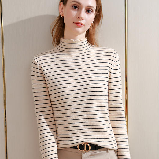 I5D3111-LY条纹针织打底衫女2025新款女装减龄木耳边半高领套头毛衣内搭上衣 商品图3