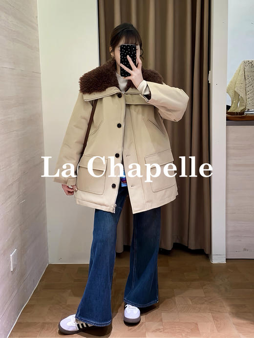 天猫同步【杨幂同款】拉夏贝尔/La Chapelle毛毛翻领翻盖口袋外套女加厚保暖设计感派克服冬季新款 商品图5