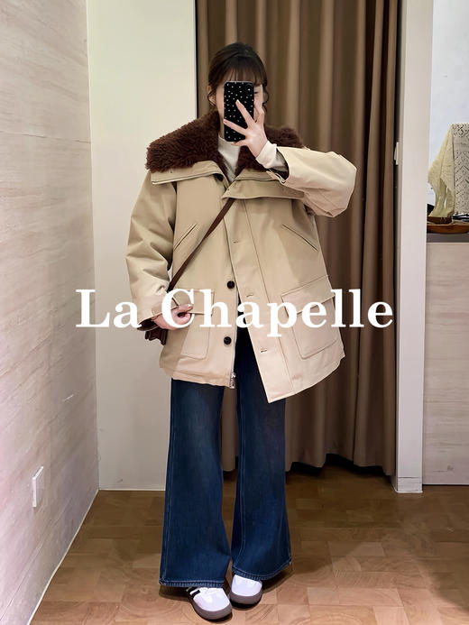 天猫同步【杨幂同款】拉夏贝尔/La Chapelle毛毛翻领翻盖口袋外套女加厚保暖设计感派克服冬季新款 商品图6