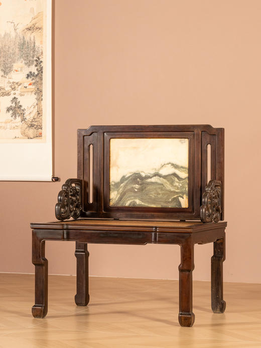 清代 红木镶云石背屏龙纹宝座 商品图0