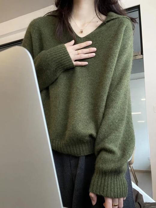 克什米尔绿V领毛衣，Polo领+V字挖空的组合，显高显瘦，温柔又慵懒气质 商品图3
